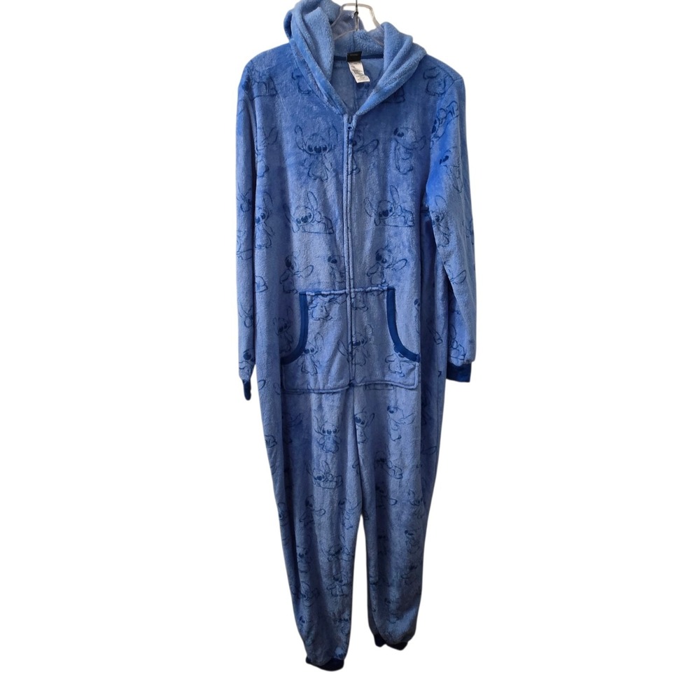 Disney Lilo & Stitch Women's XL Fleece One Piece Pajamas Blue Hooded Zip-Up NWOT - Picture 2 of 9